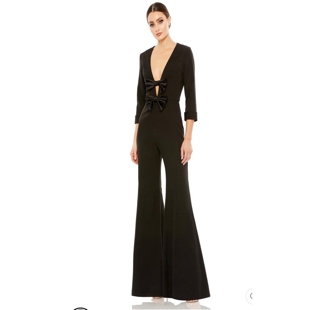 NWT $298 IEENA for Mac Duggal Jumpsuit 0 Black Bow V-Neck Wide Leg Formal A27033